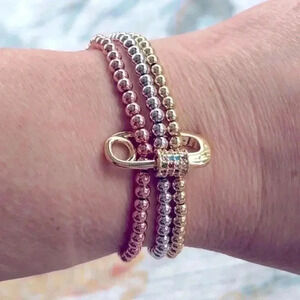 Pretty 3 Tone Beaded Stretch Bracelets Safety Pin Charm NWT